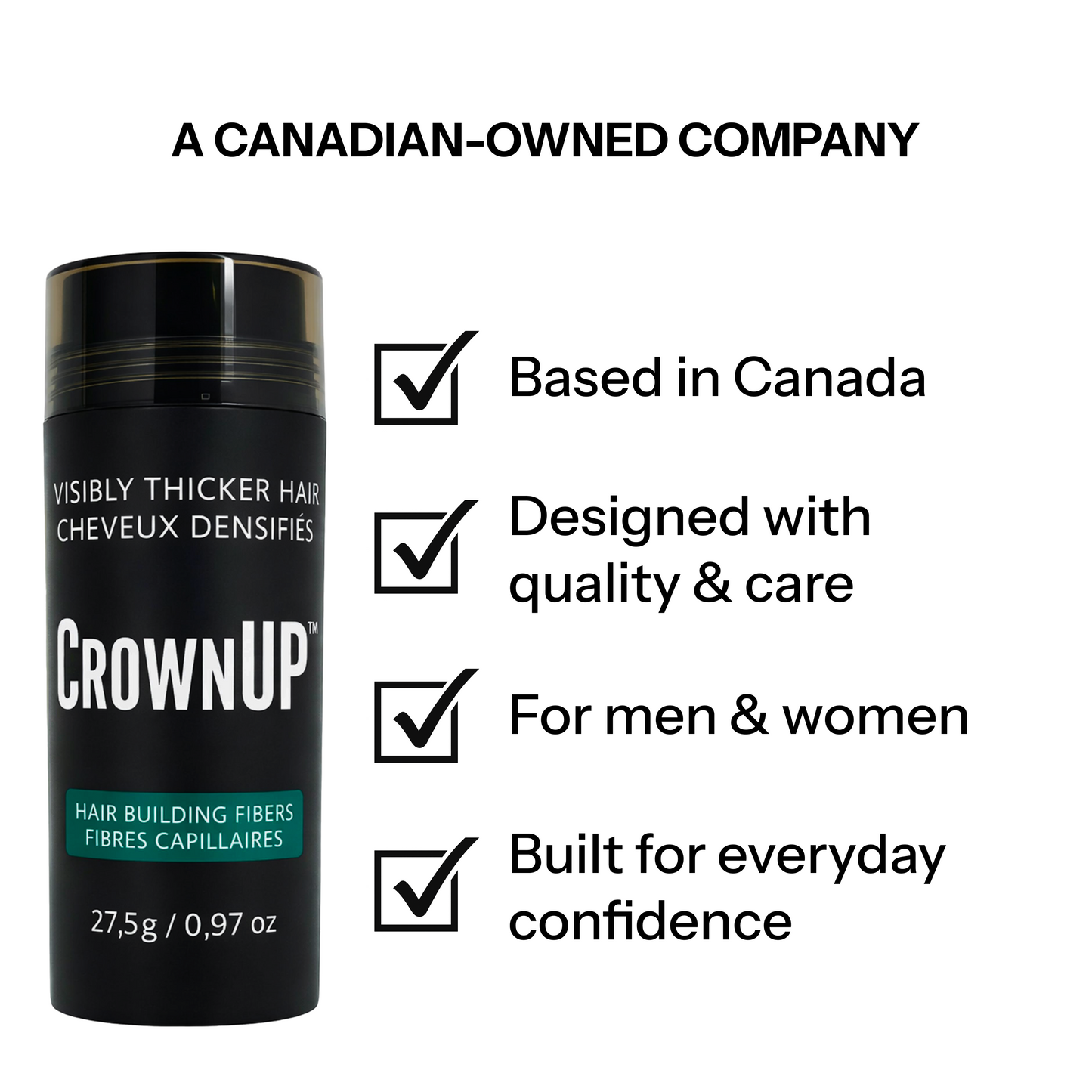 CrownUP Hair Building Fibers – Black 27.5g (Keratin Hair Thickener)