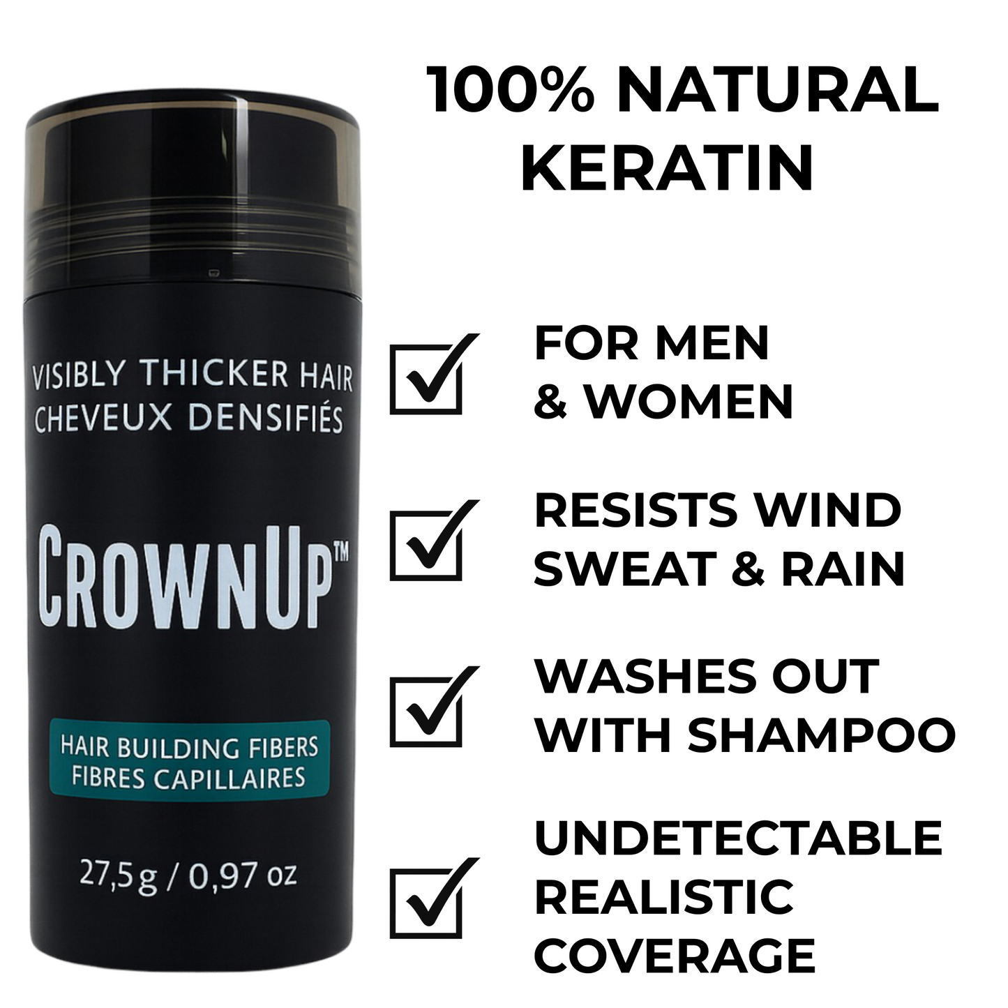 CrownUP Hair Building Fibers – Black 27.5g (Keratin Hair Thickener)